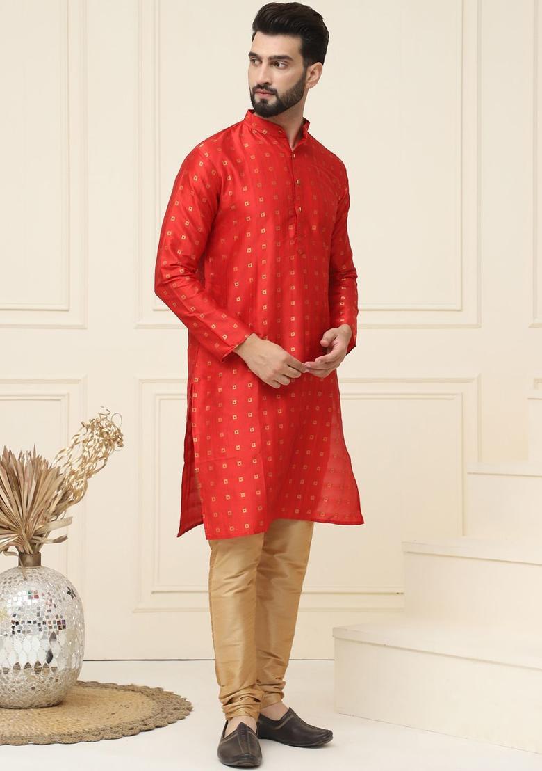 Maroon Woven Design Silk Kurta Set For Men - Indya