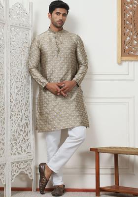 Gold Woven Design Silk Kurta Set For Men