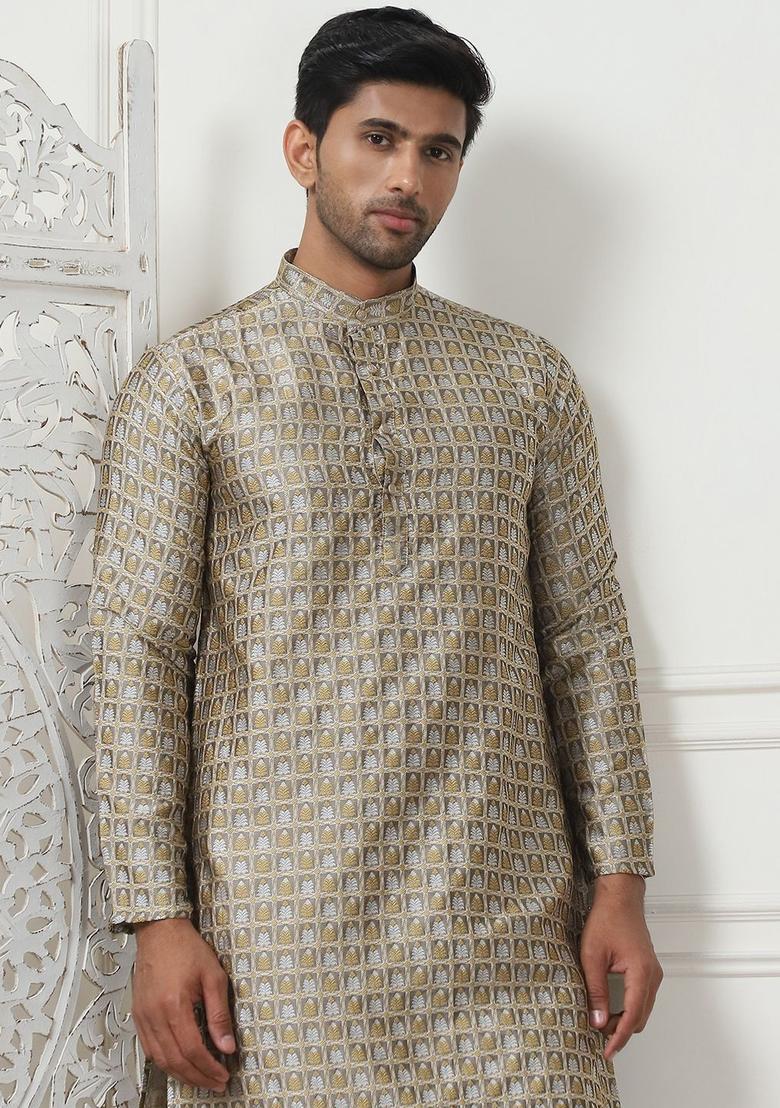 Gold Woven Design Silk Kurta Set For Men - Indya