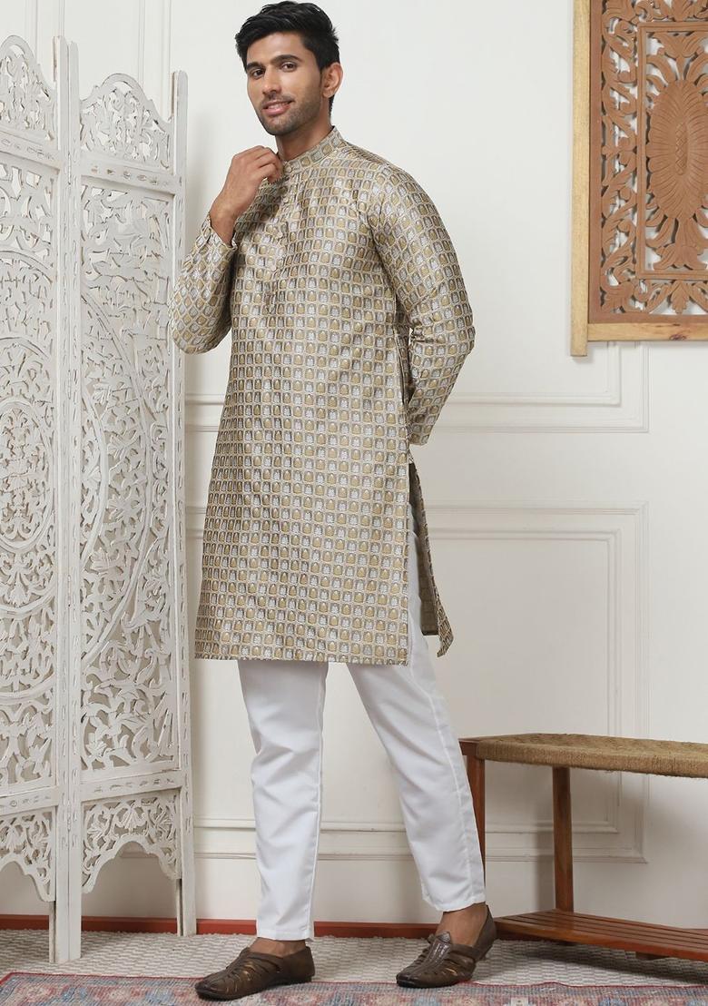 Gold Woven Design Silk Kurta Set For Men - Indya