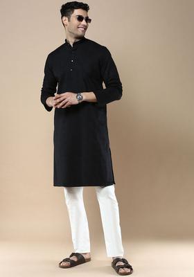 Black Woven Design Cotton Kurta Set For Men