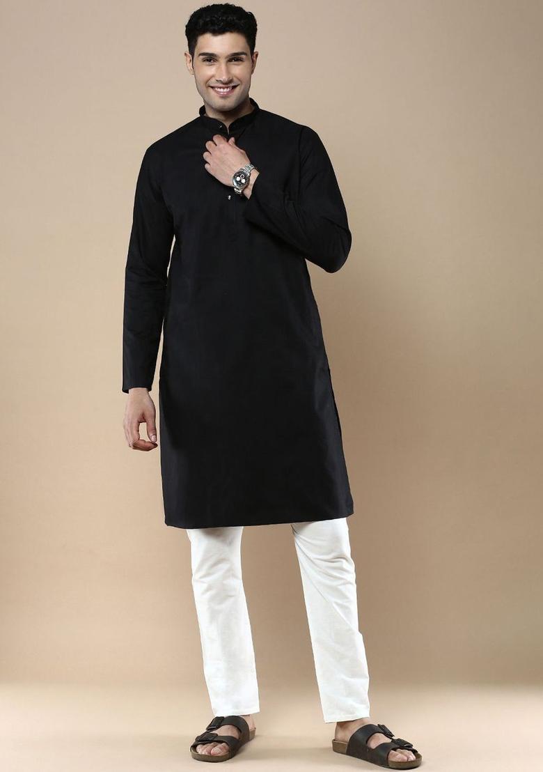 Black Woven Design Cotton Kurta Set For Men - Indya
