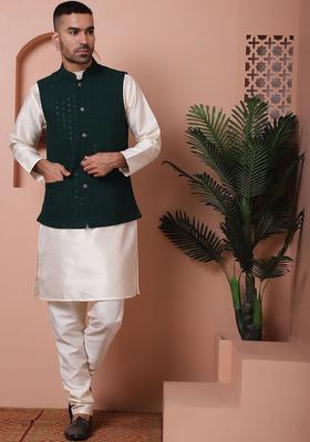 Olive Embroidered Viscose Kurta Set For Men