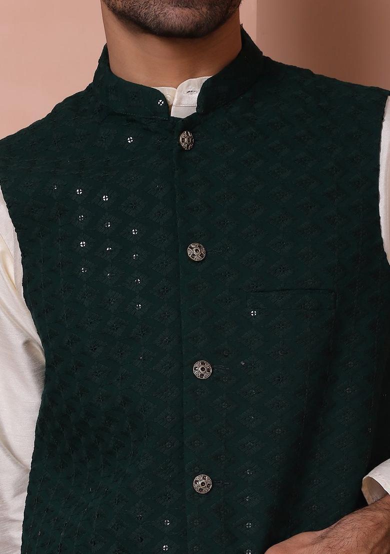 Olive Embroidered Viscose Kurta Set For Men - Indya