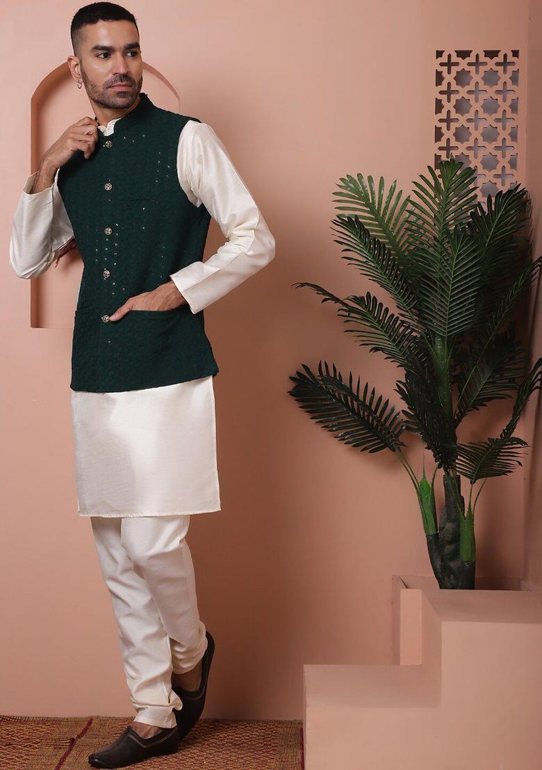 Olive Embroidered Viscose Kurta Set For Men - Indya