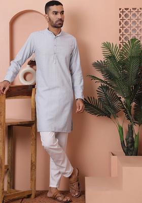 Grey Embroidered Viscose Kurta Set For Men