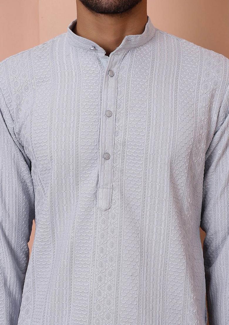 Grey Embroidered Viscose Kurta Set For Men - Indya