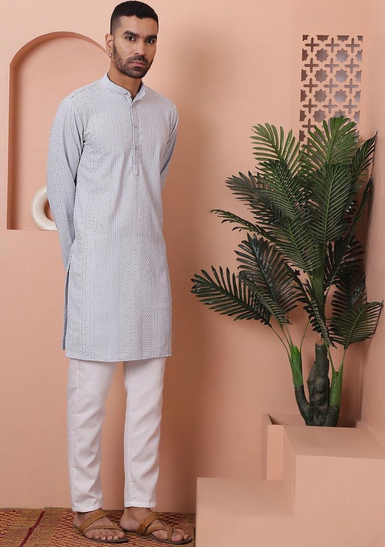 Grey Embroidered Viscose Kurta Set For Men - Indya