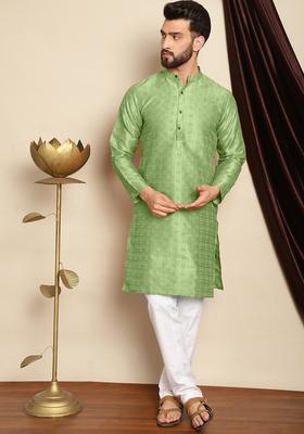 Green Woven Design Silk Kurta Set For Men