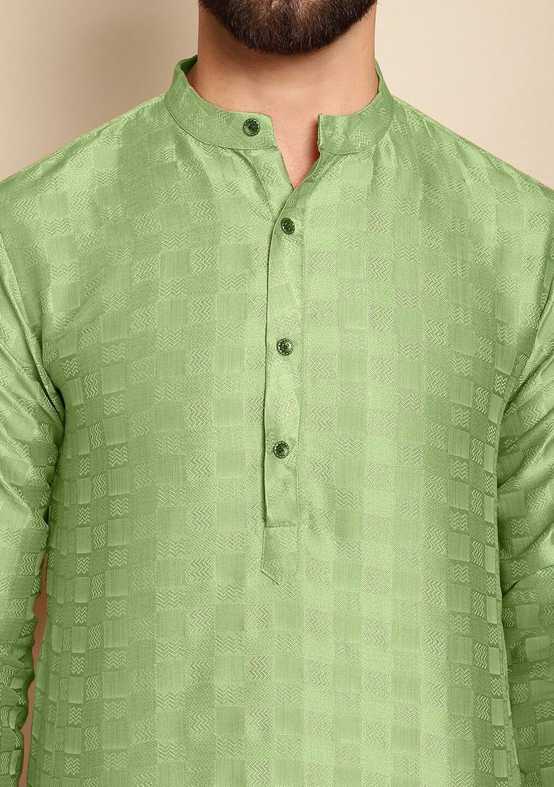 Green Woven Design Silk Kurta Set For Men - Indya