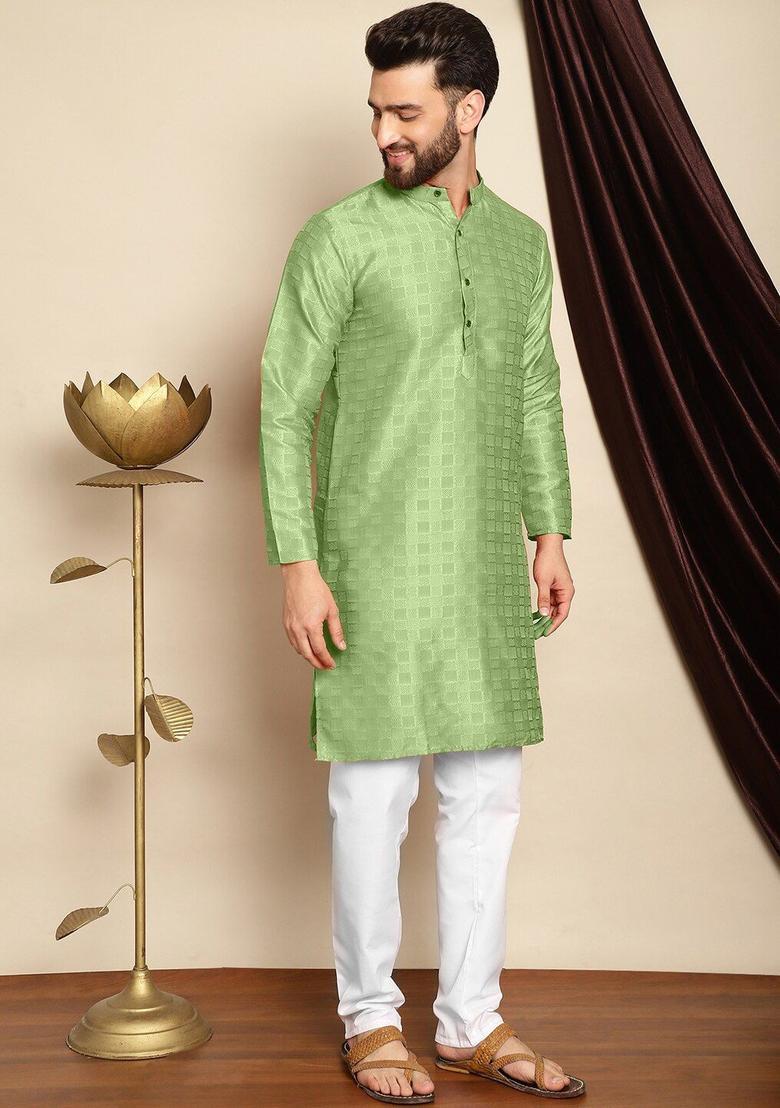Green Woven Design Silk Kurta Set For Men - Indya
