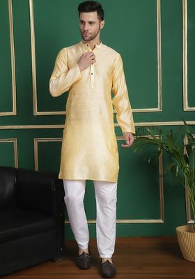 Gold Woven Design Silk Kurta Set For Men