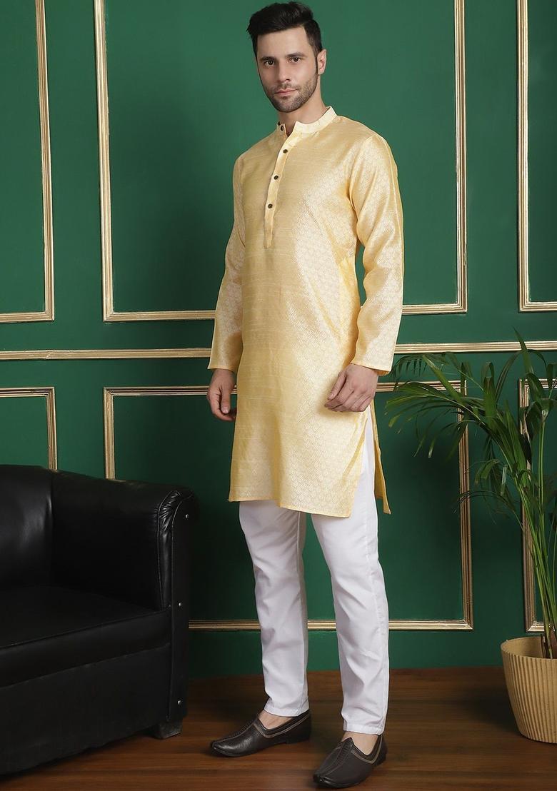 Gold Woven Design Silk Kurta Set For Men - Indya