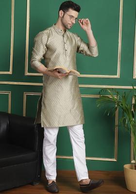 Grey Embroidered Silk Kurta Set For Men