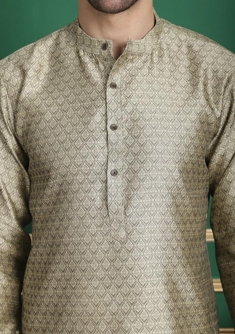 Grey Embroidered Silk Kurta Set For Men - Indya