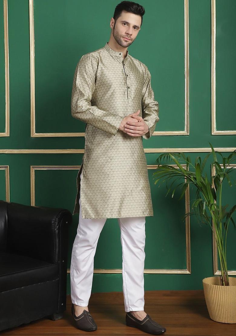Grey Embroidered Silk Kurta Set For Men - Indya
