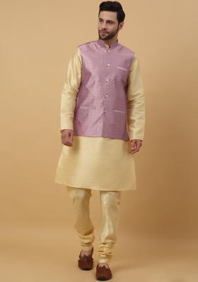Beige Solid Silk Kurta Set For Men