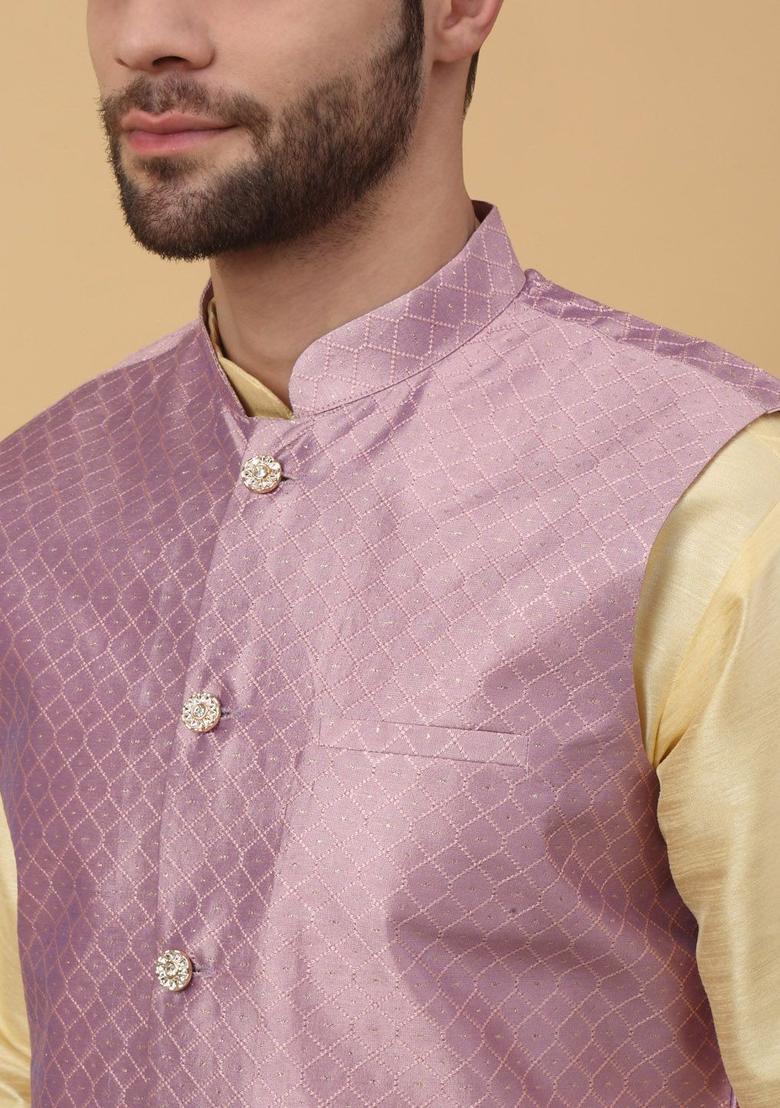 Beige Solid Silk Kurta Set For Men - Indya
