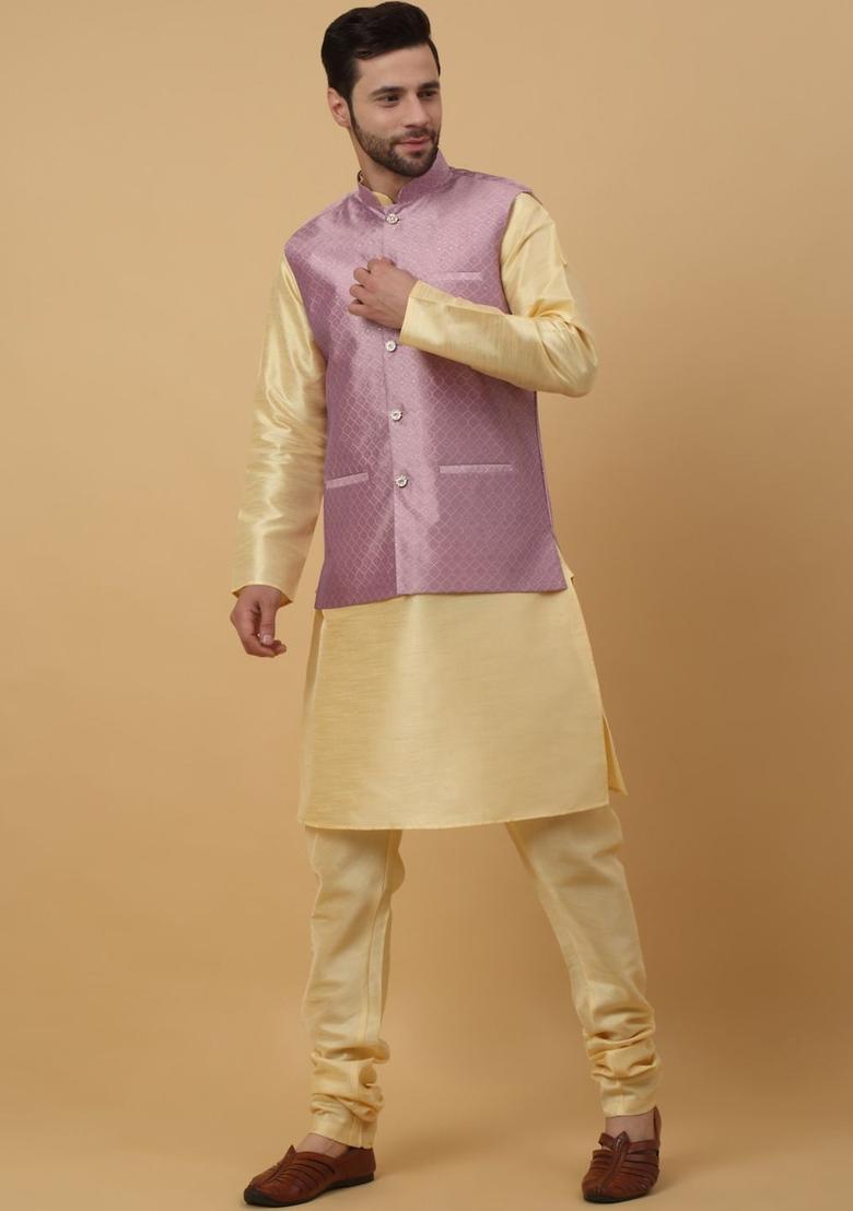 Beige Solid Silk Kurta Set For Men - Indya