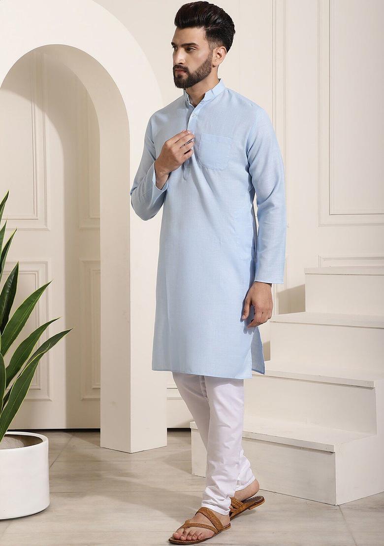 Blue Solid Cotton Kurta Set For Men - Indya