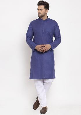 Blue Woven Design Cotton Kurta Set For Men