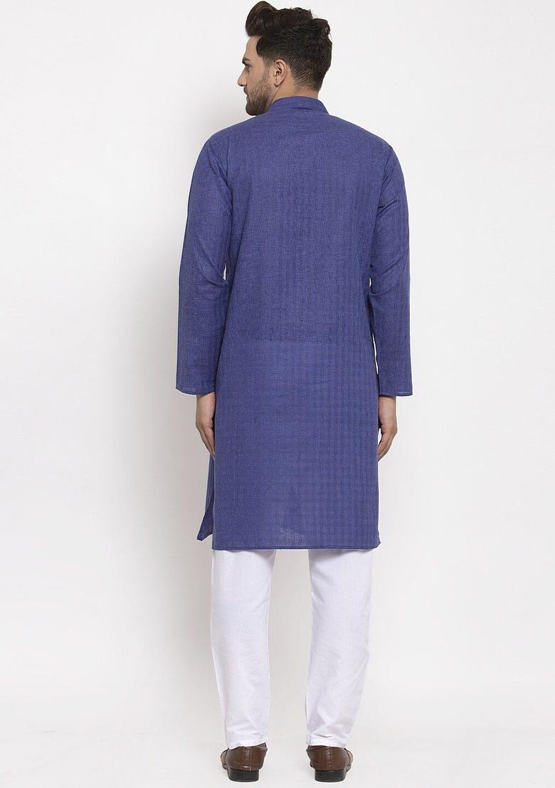 Blue Woven Design Cotton Kurta Set For Men - Indya