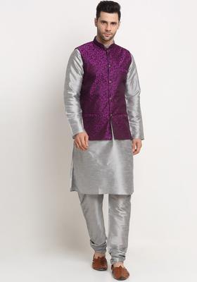 Silver Solid Silk Kurta Set For Men
