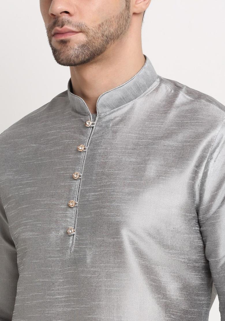 Silver Solid Silk Kurta Set For Men - Indya