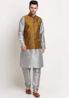 Silver Solid Silk Kurta Set For Men