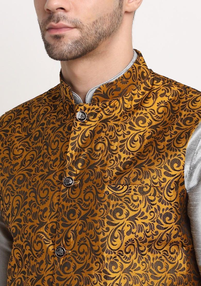 Silver Solid Silk Kurta Set For Men - Indya