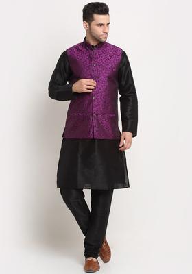 Black Woven Design Silk Kurta Set For Men