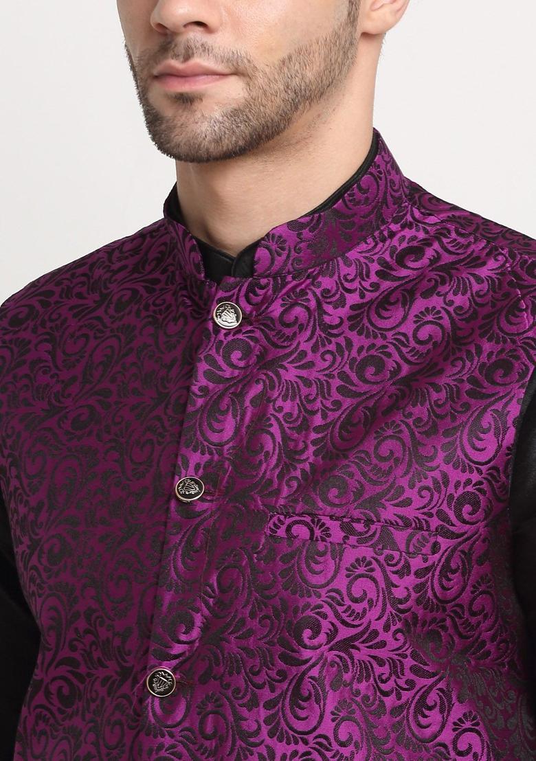 Black Woven Design Silk Kurta Set For Men - Indya