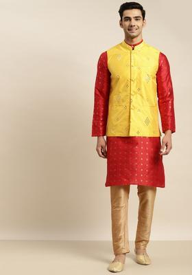 Maroon Embroidered Silk Kurta Set For Men