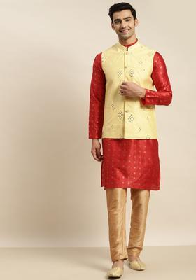 Maroon Woven Design Silk Kurta Set For Men