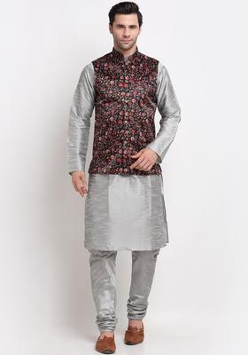 Silver Solid Silk Kurta Set For Men
