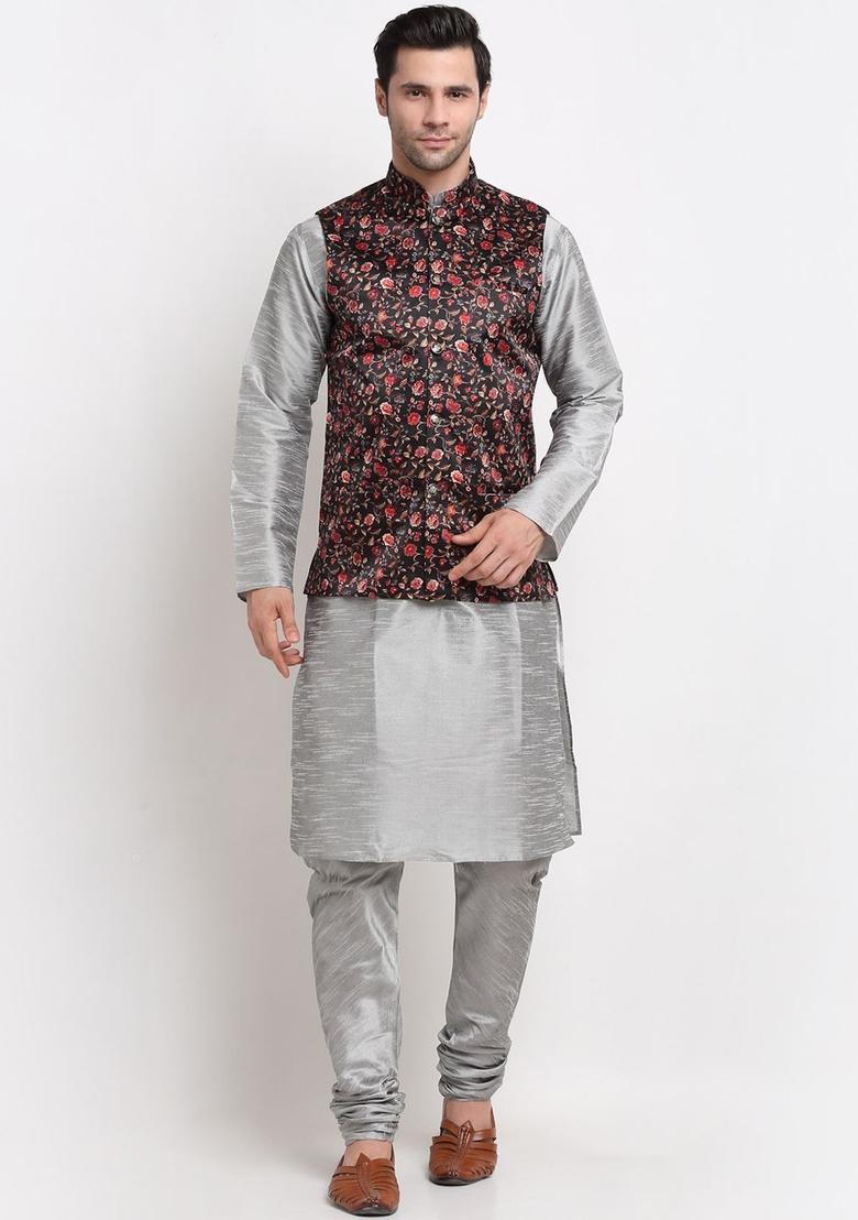 Silver Solid Silk Kurta Set For Men - Indya