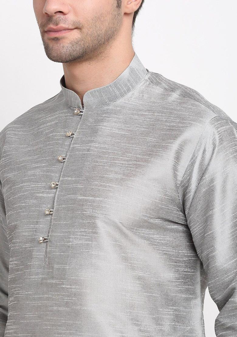 Silver Solid Silk Kurta Set For Men - Indya