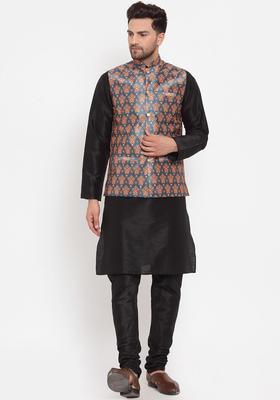 Black Printed Silk Kurta Set For Men