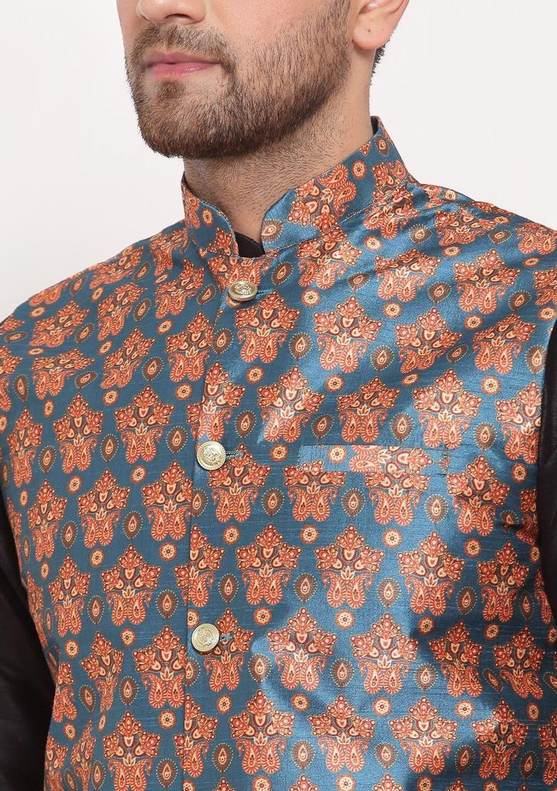 Black Printed Silk Kurta Set For Men - Indya