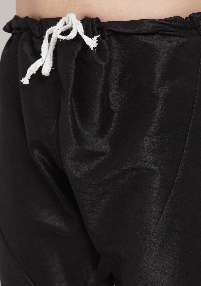 Black Printed Silk Kurta Set For Men - Indya