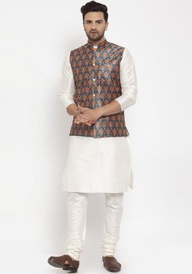 Beige Printed Silk Kurta Set For Men