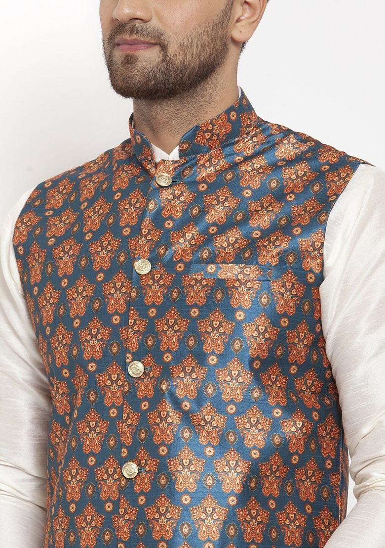 Beige Printed Silk Kurta Set For Men - Indya