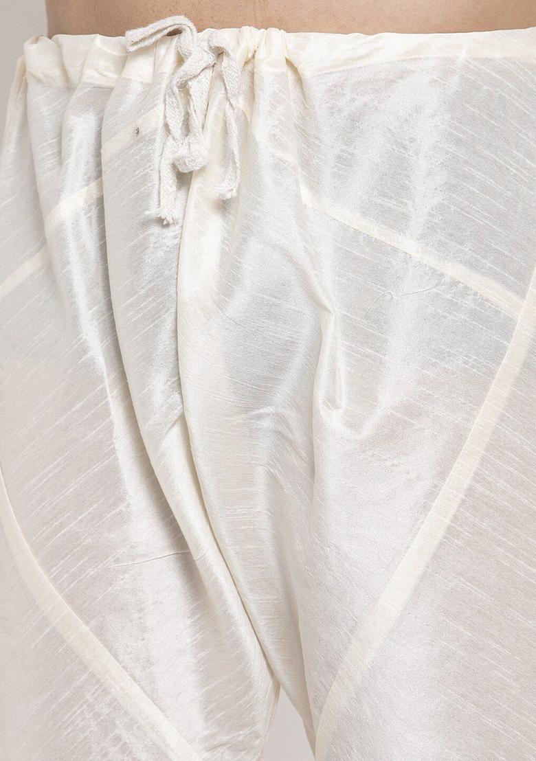 Beige Printed Silk Kurta Set For Men - Indya