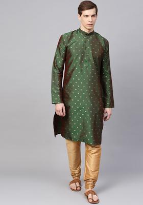 Green Self Design Silk Kurta Set For Men