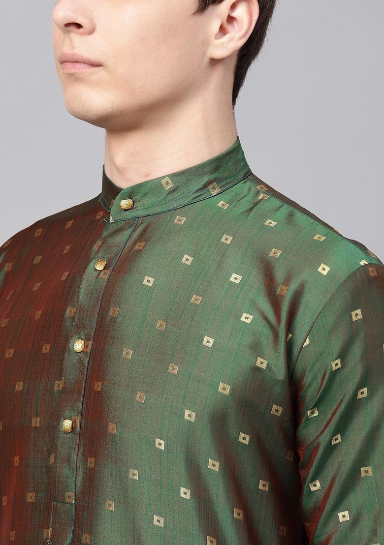 Green Self Design Silk Kurta Set For Men - Indya