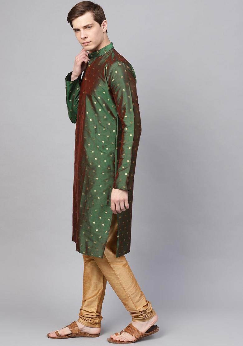 Green Self Design Silk Kurta Set For Men - Indya