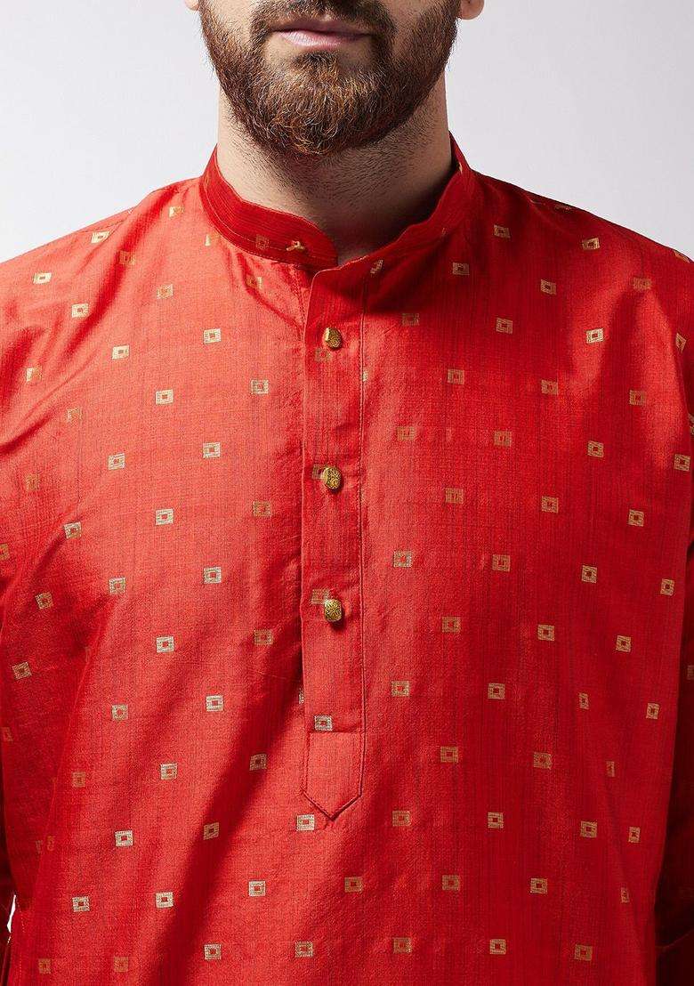 Orange Self Design Silk Blend Kurta Set For Men - Indya