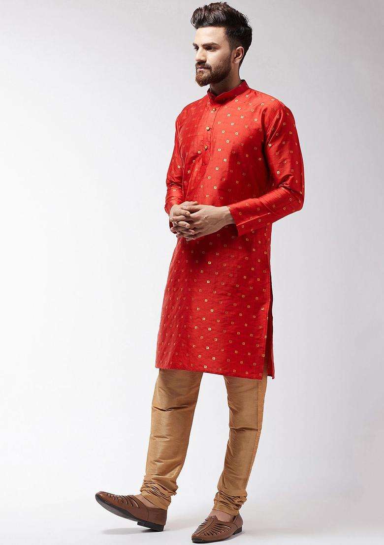 Orange Self Design Silk Blend Kurta Set For Men - Indya