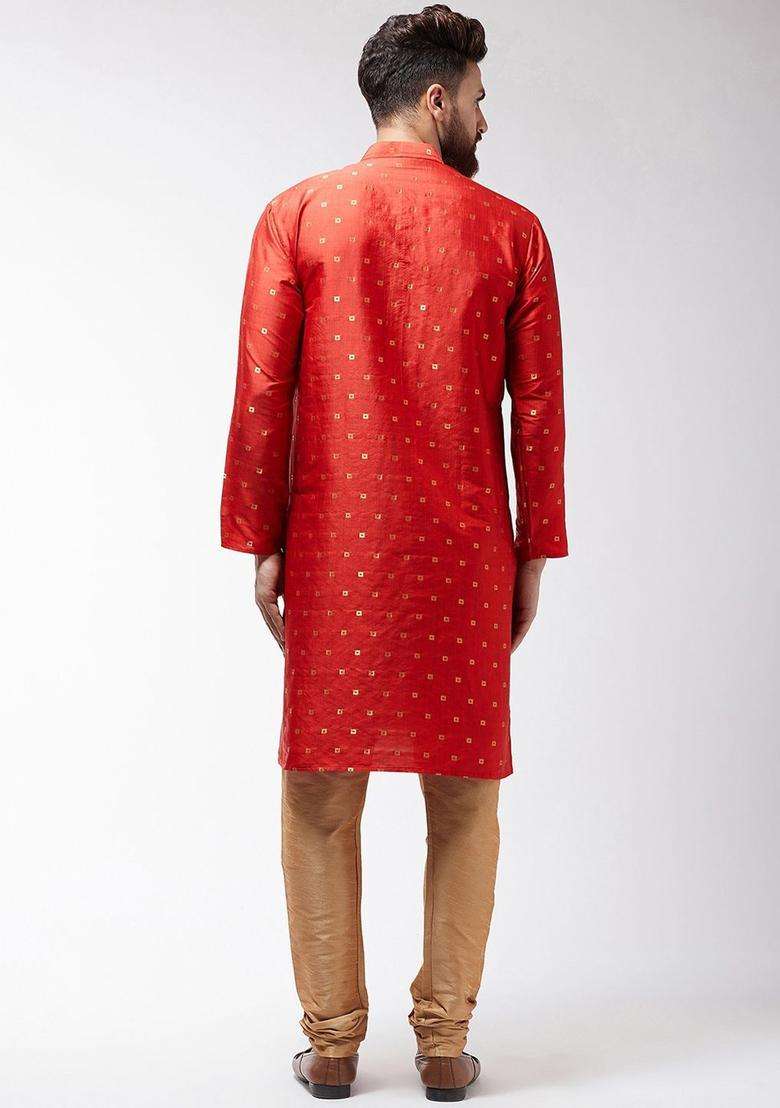 Orange Self Design Silk Blend Kurta Set For Men - Indya