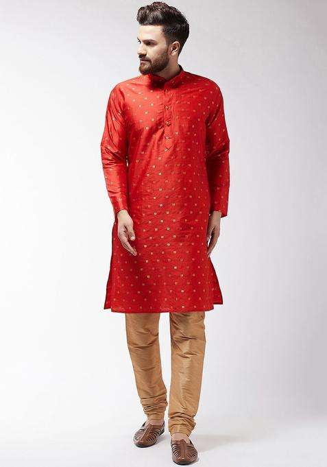 Orange Self Design Silk Blend Kurta Set For Men
